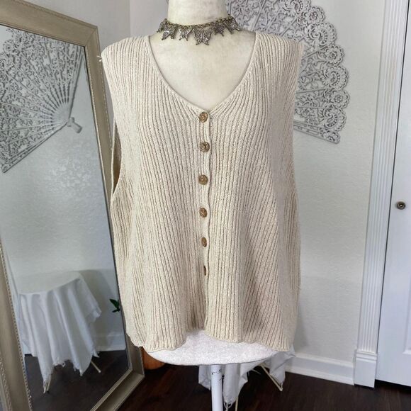 Plus Size Cream Knitted Boho Cotton Silk Knit Button Up Vest Top 22 / 24 / 2XL - Picture 2 of 6